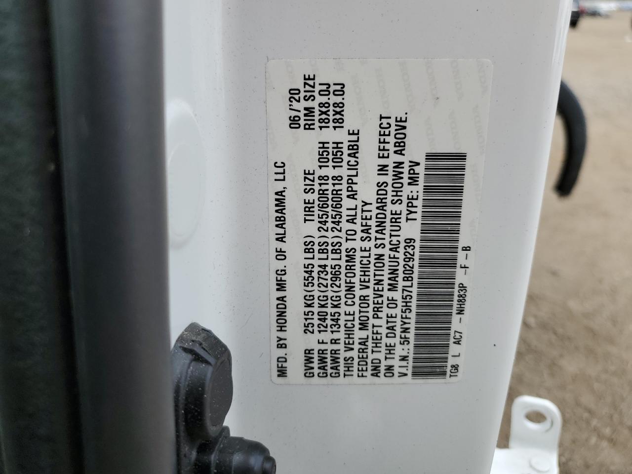 2020 Honda Pilot Exl VIN: 5FNYF5H57LB029239 Lot: 90095175