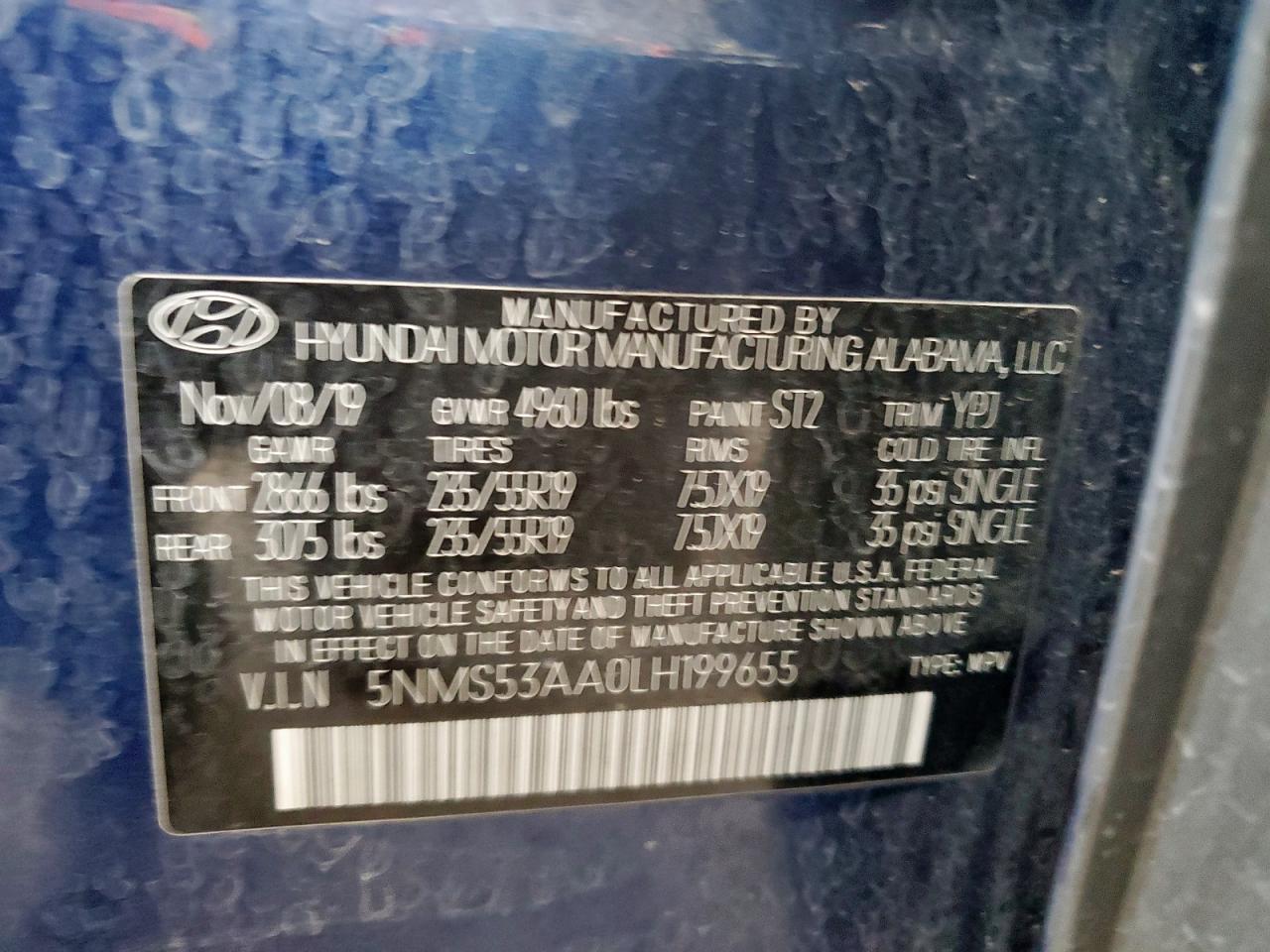 2020 Hyundai Santa Fe Limited VIN: 5NMS53AA0LH199655 Lot: 85530725