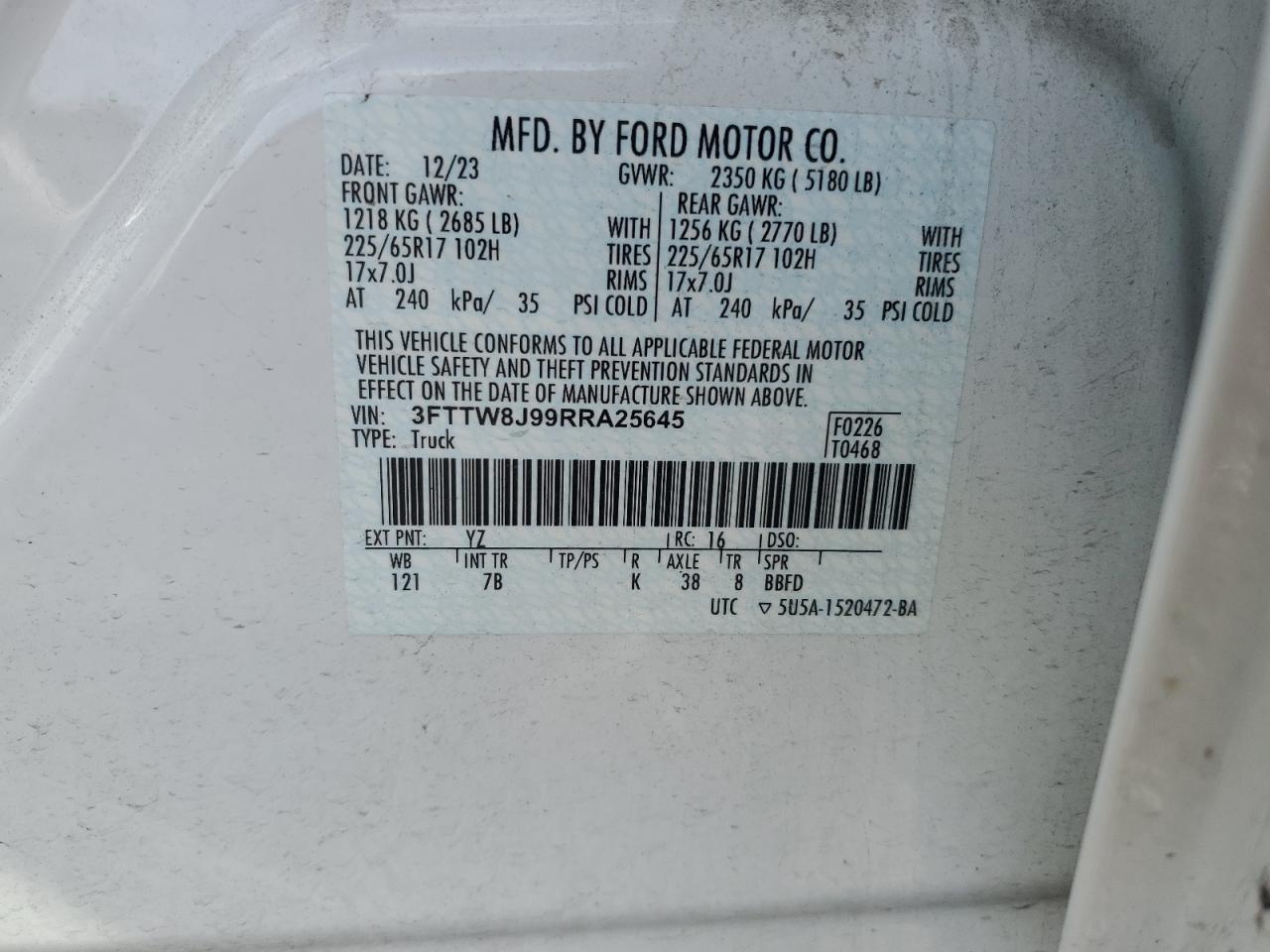 2024 Ford Maverick Xlt VIN: 3FTTW8J99RRA25645 Lot: 87384275