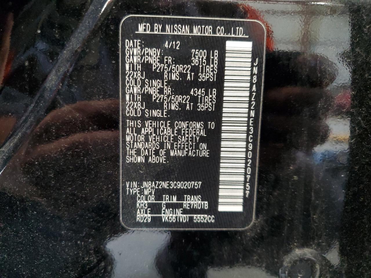 2012 Infiniti Qx56 VIN: JN8AZ2NE3C9020757 Lot: 85768475