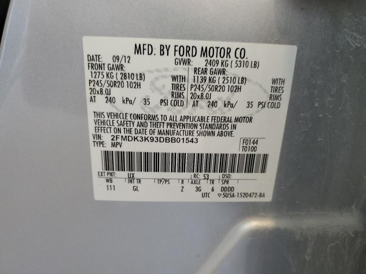 2013 Ford Edge Limited VIN: 2FMDK3K93DBB01543 Lot: 81981215