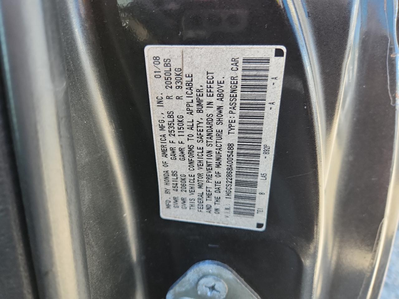 2008 Honda Accord Exl VIN: 1HGCS22868A005488 Lot: 86100885