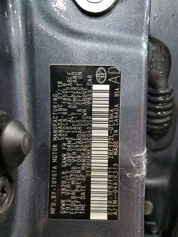 2018 Toyota Corolla L VIN: 2T1BURHE5JC040356 Lot: 86176035