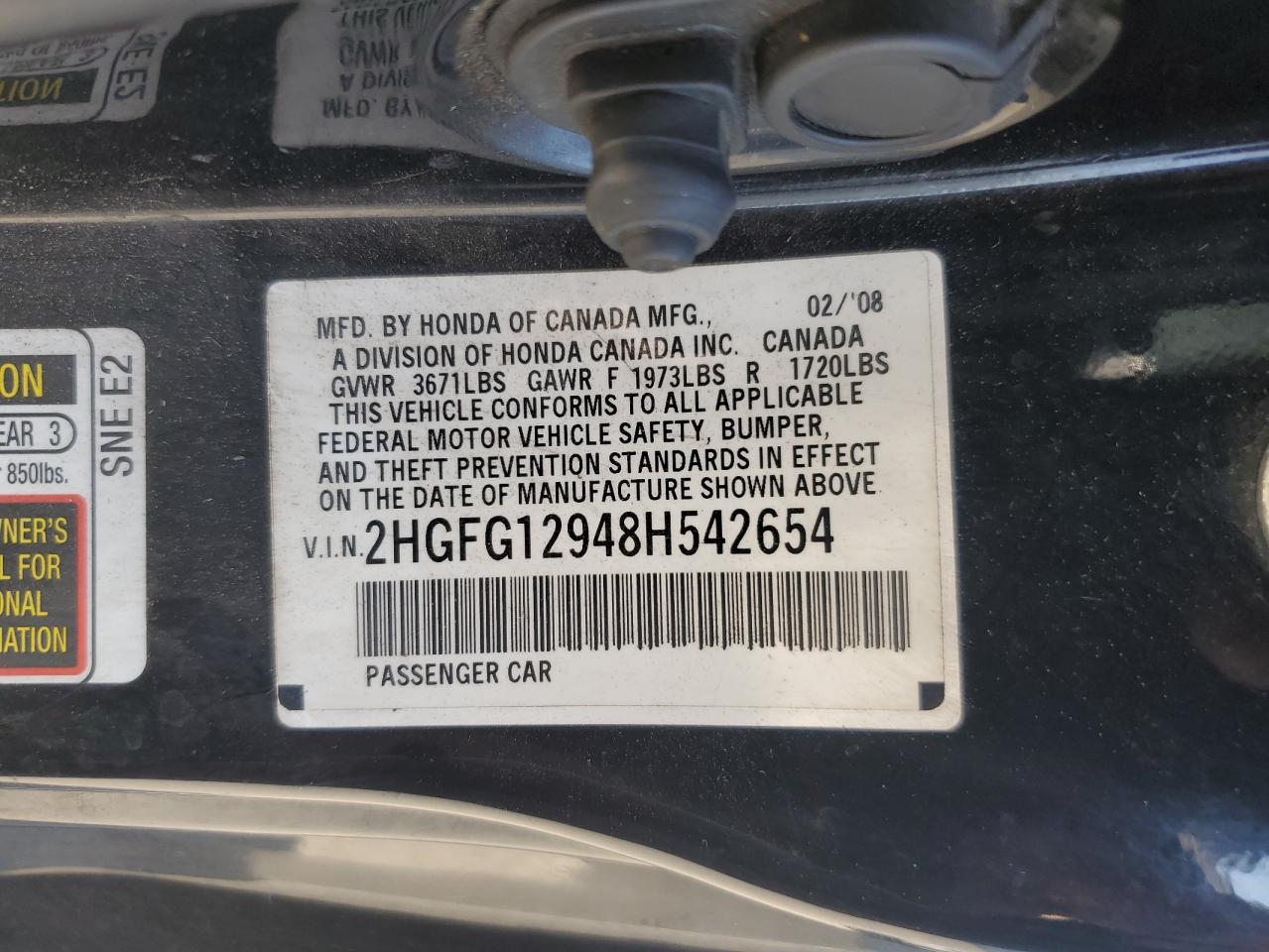 2008 Honda Civic Exl VIN: 2HGFG12948H542654 Lot: 82283175