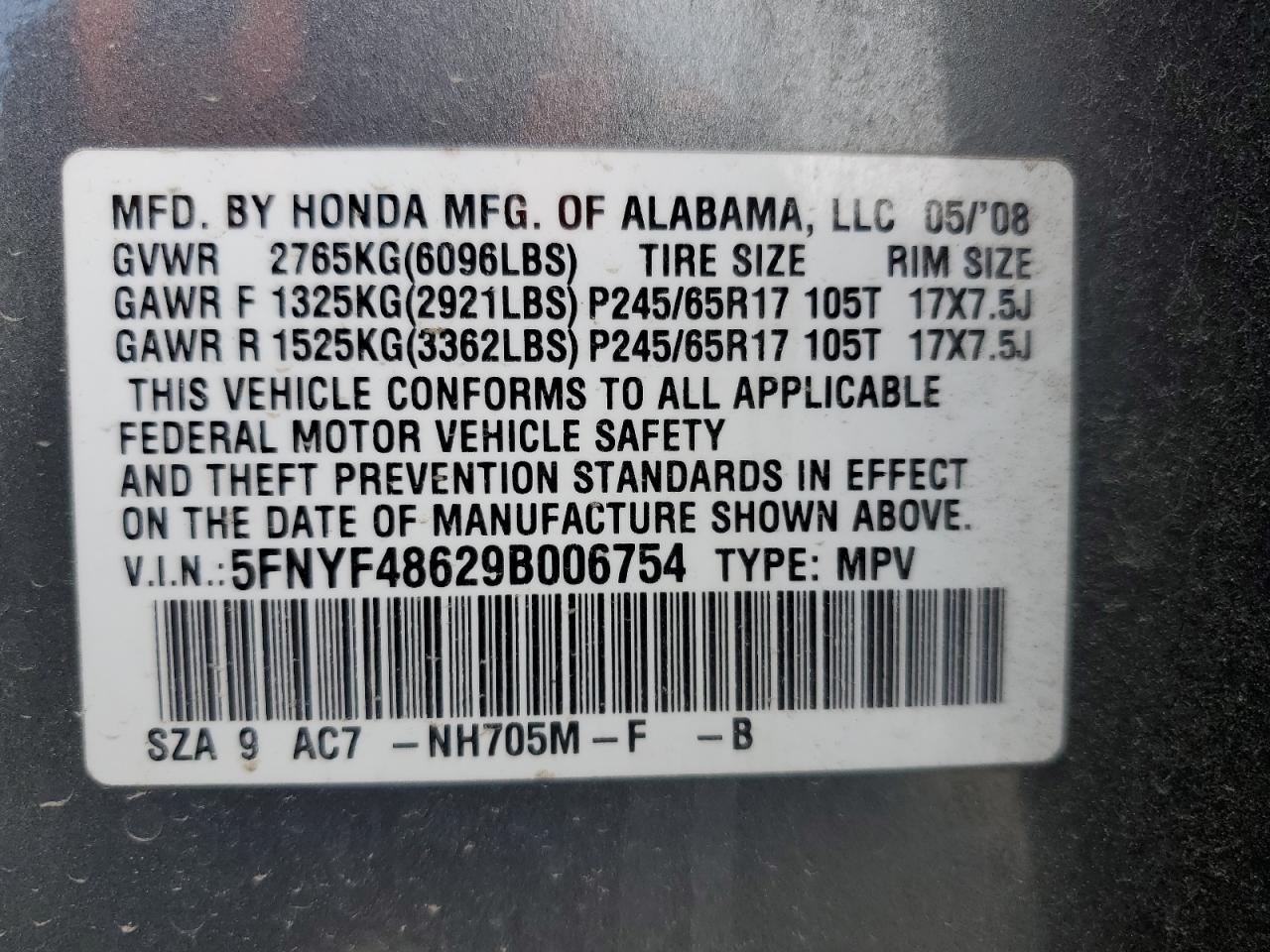 2009 Honda Pilot Exl VIN: 5FNYF48629B006754 Lot: 90061425