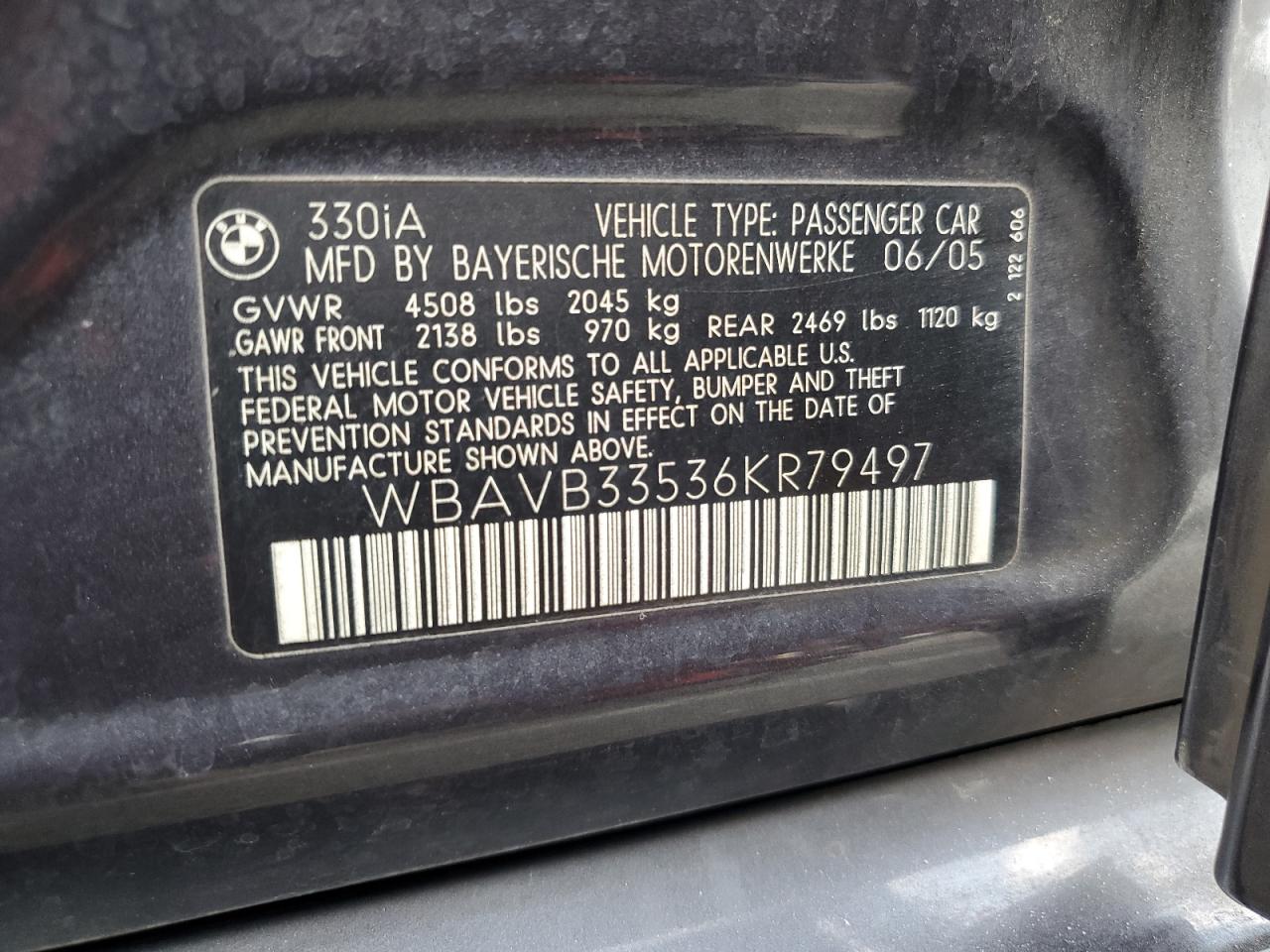 2006 BMW 330 I VIN: WBAVB33536KR79497 Lot: 85928735