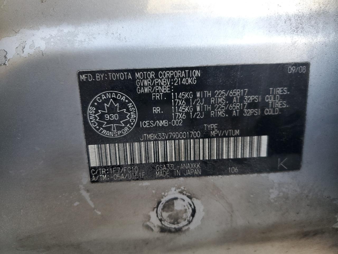 2009 Toyota Rav4 VIN: JTMBK33V79D001700 Lot: 90083355