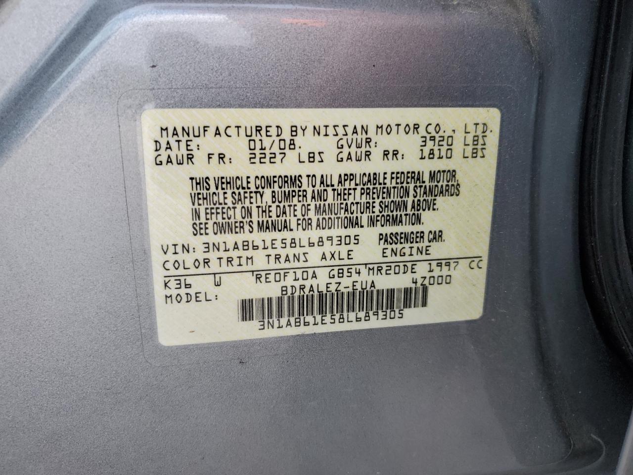 2008 Nissan Sentra 2.0 VIN: 3N1AB61E58L689305 Lot: 82207885