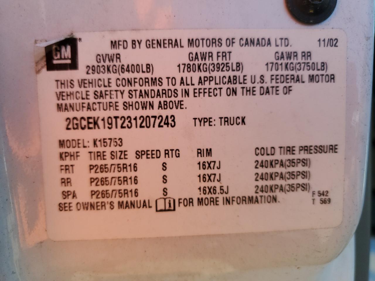 2003 Chevrolet Silverado K1500 VIN: 2GCEK19T231207243 Lot: 82263585