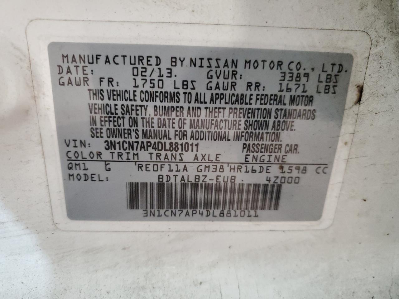 2013 Nissan Versa S VIN: 3N1CN7AP4DL881011 Lot: 86161665