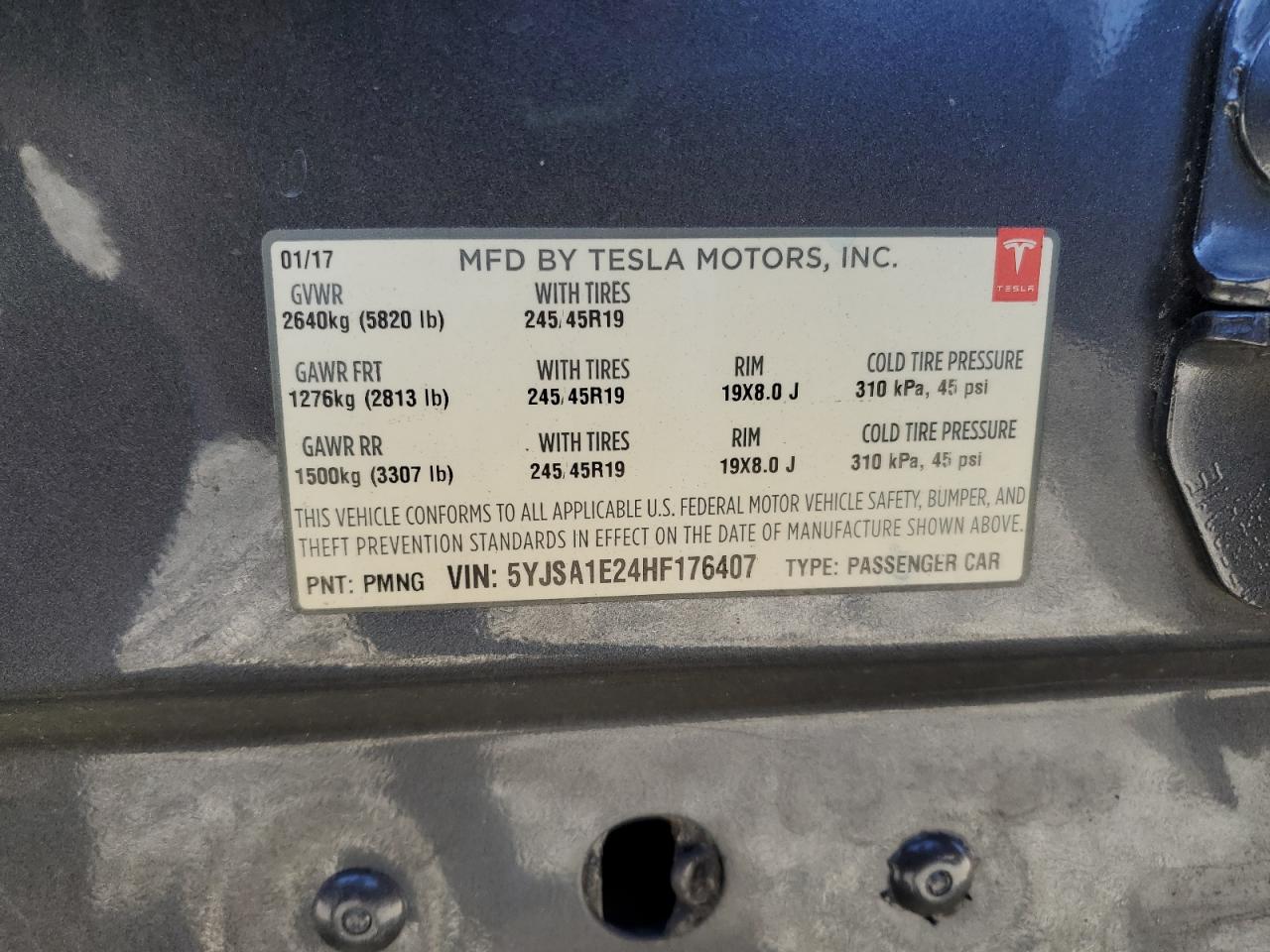 2017 Tesla Model S VIN: 5YJSA1E24HF176407 Lot: 82620785