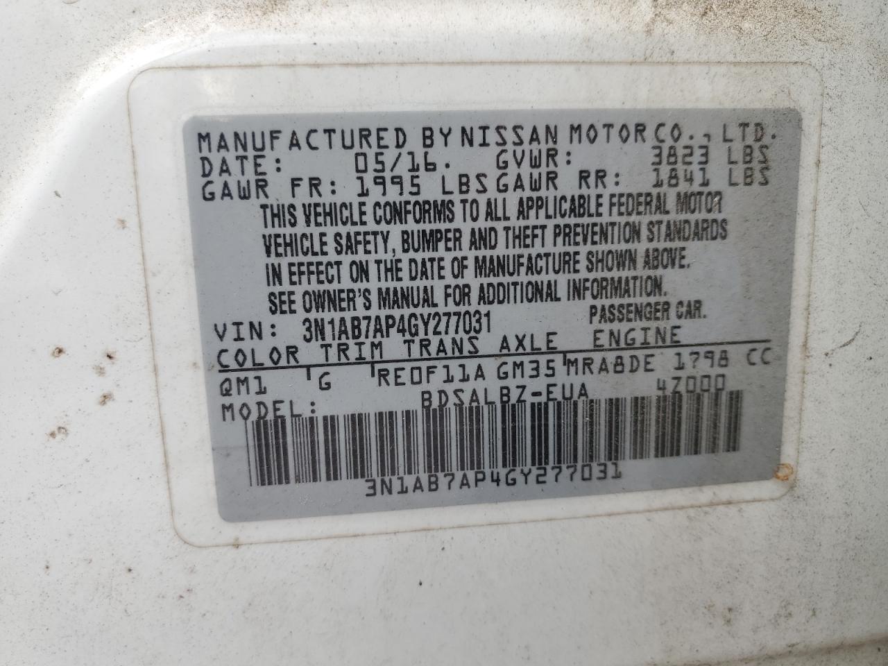 2016 Nissan Sentra S VIN: 3N1AB7AP4GY277031 Lot: 82684855