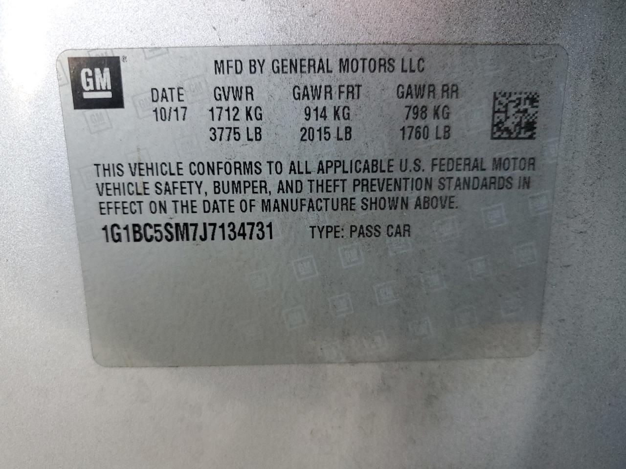 2018 Chevrolet Cruze Ls VIN: 1G1BC5SM7J7134731 Lot: 82364625