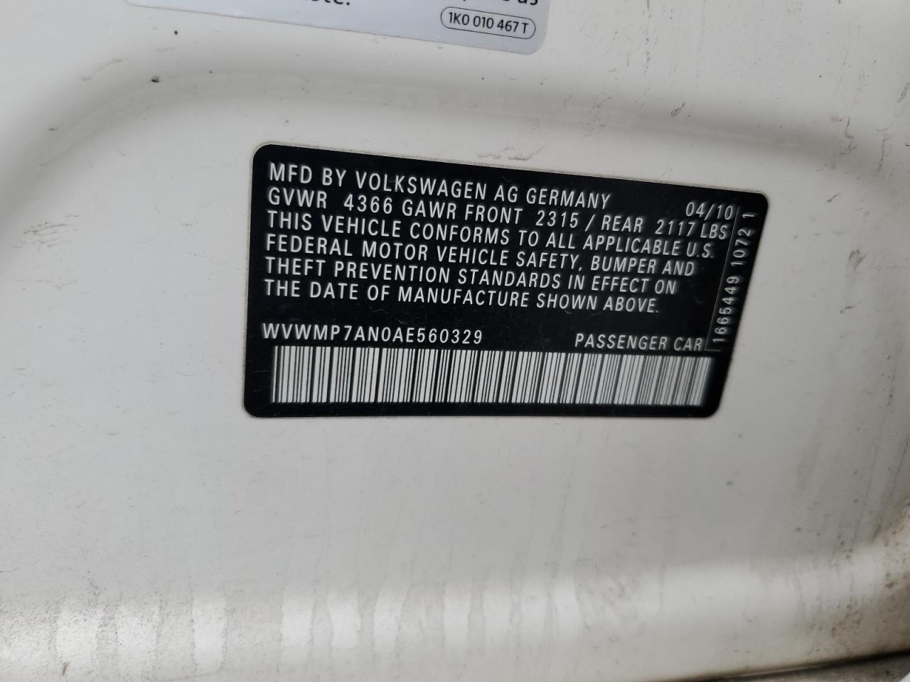 2010 Volkswagen Cc Sport VIN: WVWMP7AN0AE560329 Lot: 85396425