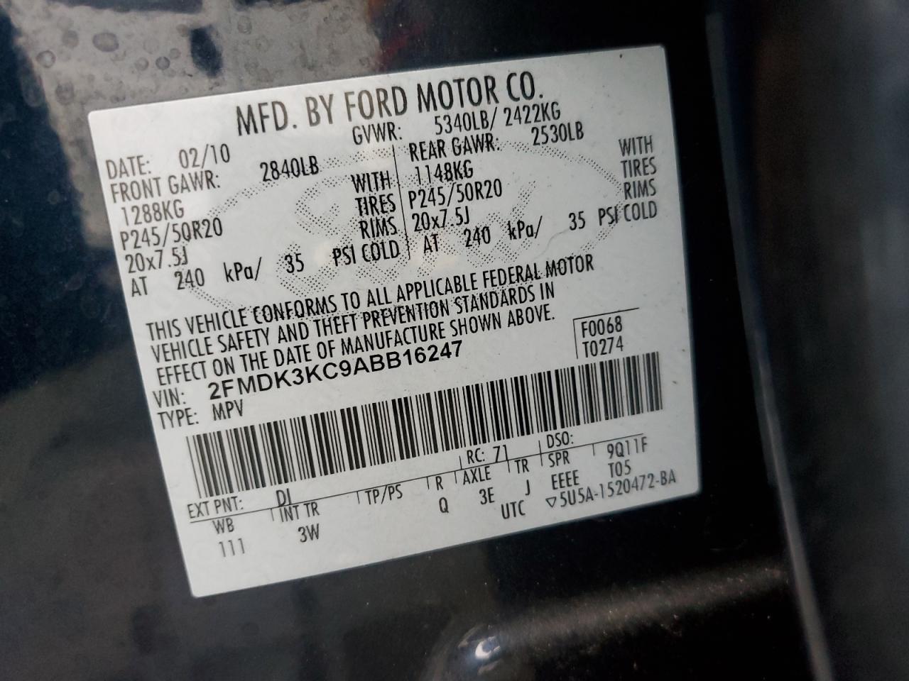 2010 Ford Edge Limited VIN: 2FMDK3KC9ABB16247 Lot: 86482405