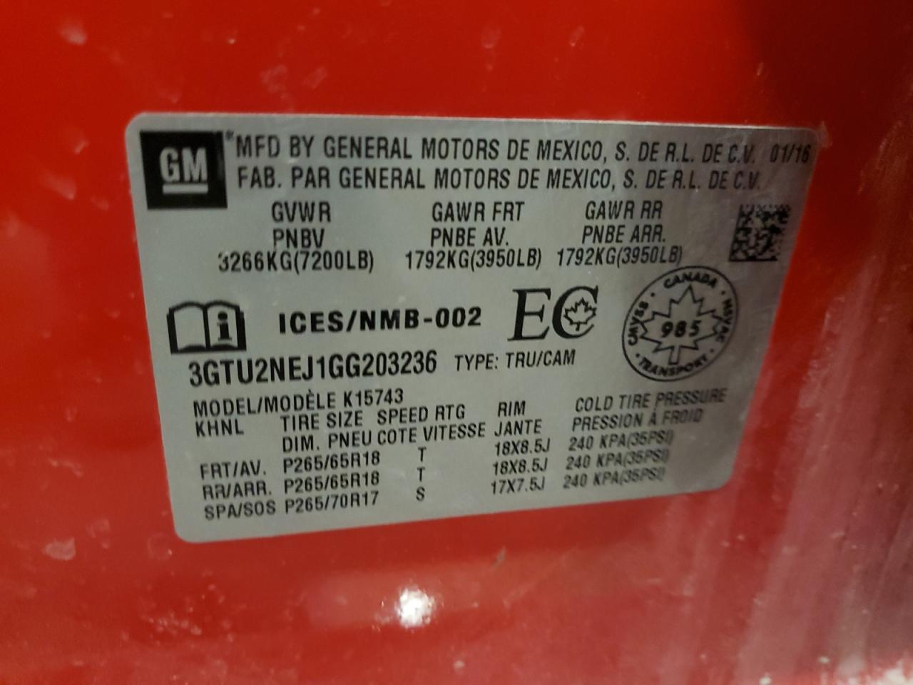 2016 GMC Sierra K1500 Slt VIN: 3GTU2NEJ1GG203236 Lot: 90383295