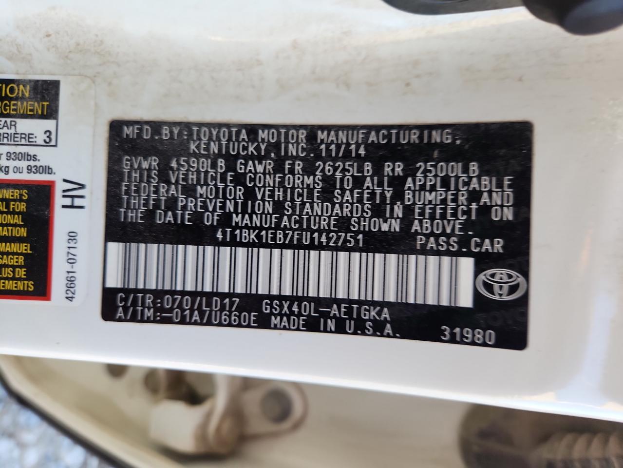 2015 Toyota Avalon Xle VIN: 4T1BK1EB7FU142751 Lot: 87095625