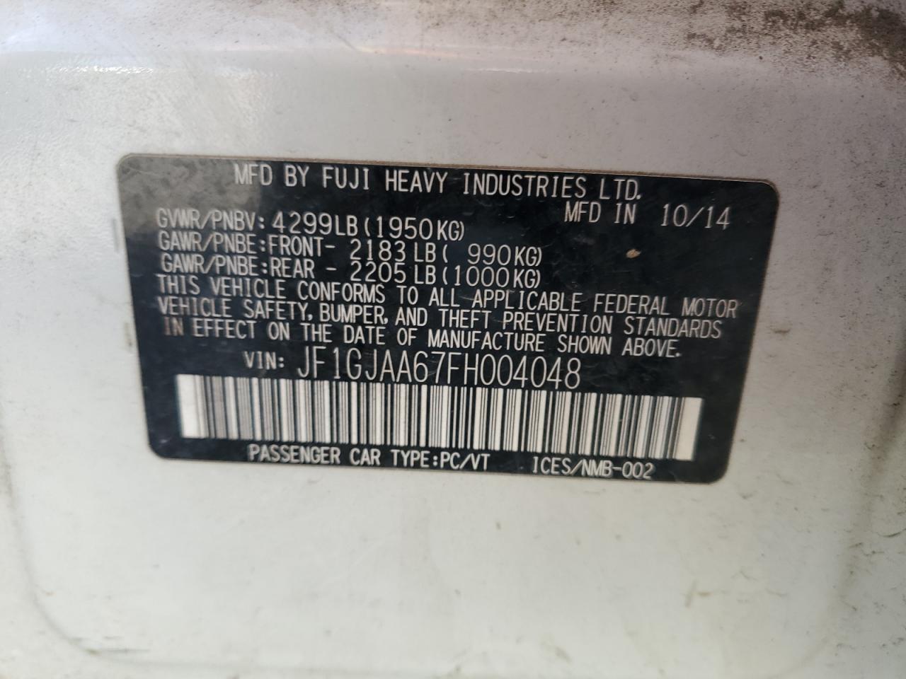 2015 Subaru Impreza VIN: JF1GJAA67FH004048 Lot: 87423535