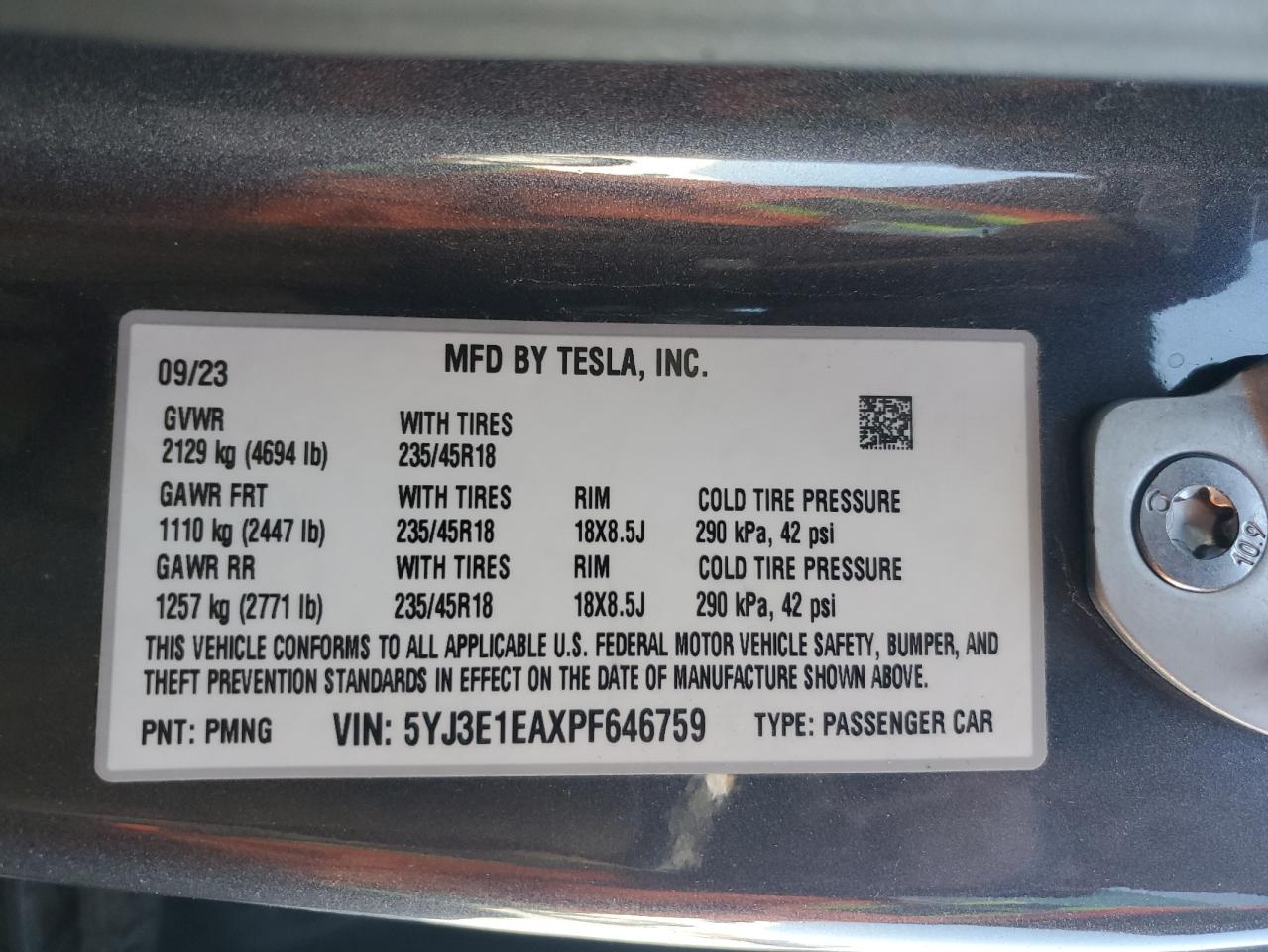 2023 Tesla Model 3 VIN: 5YJ3E1EAXPF646759 Lot: 89442145