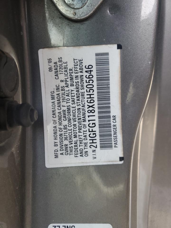 2006 Honda Civic Ex VIN: 2HGFG118X6H505646 Lot: 86273755