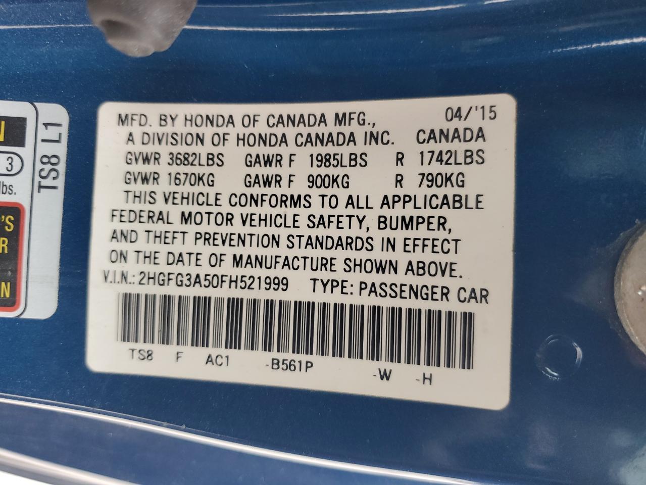 2015 Honda Civic Lx VIN: 2HGFG3A50FH521999 Lot: 85711905