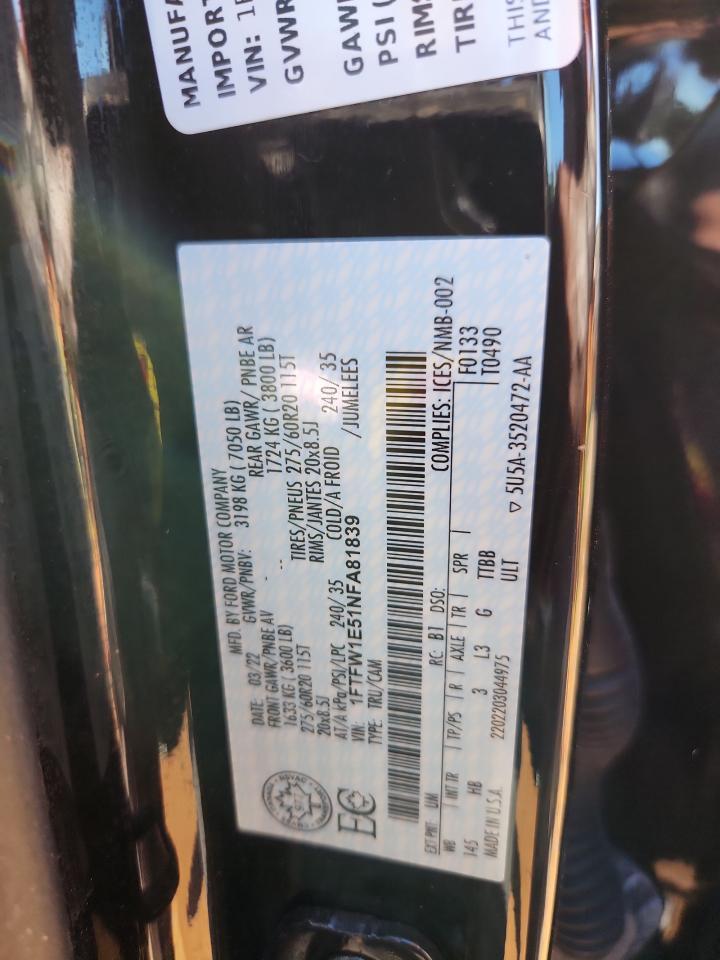 2022 Ford F150 Supercrew VIN: 1FTFW1E51NFA81839 Lot: 87031725