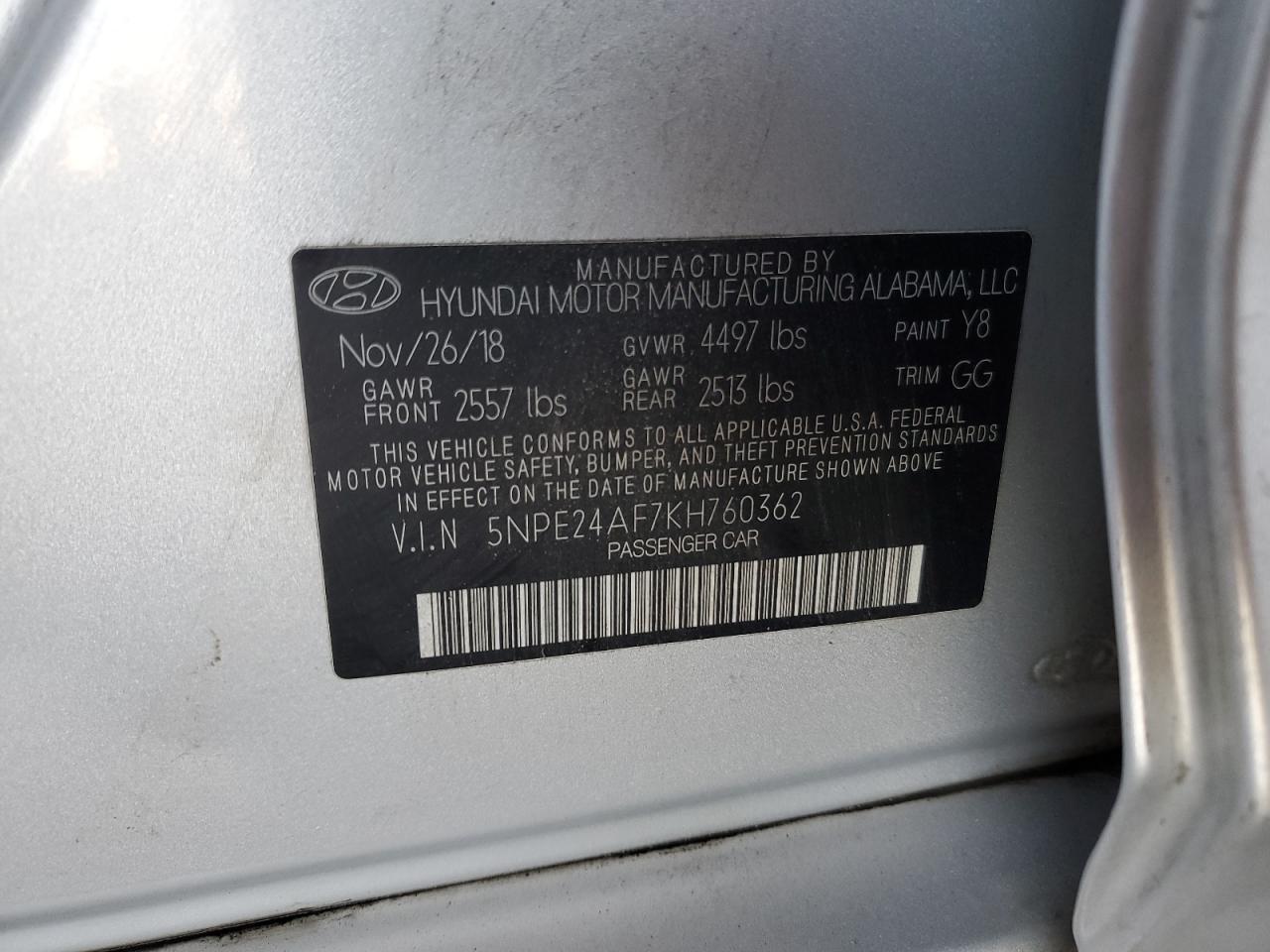 2019 Hyundai Sonata Se VIN: 5NPE24AF7KH760362 Lot: 86405715