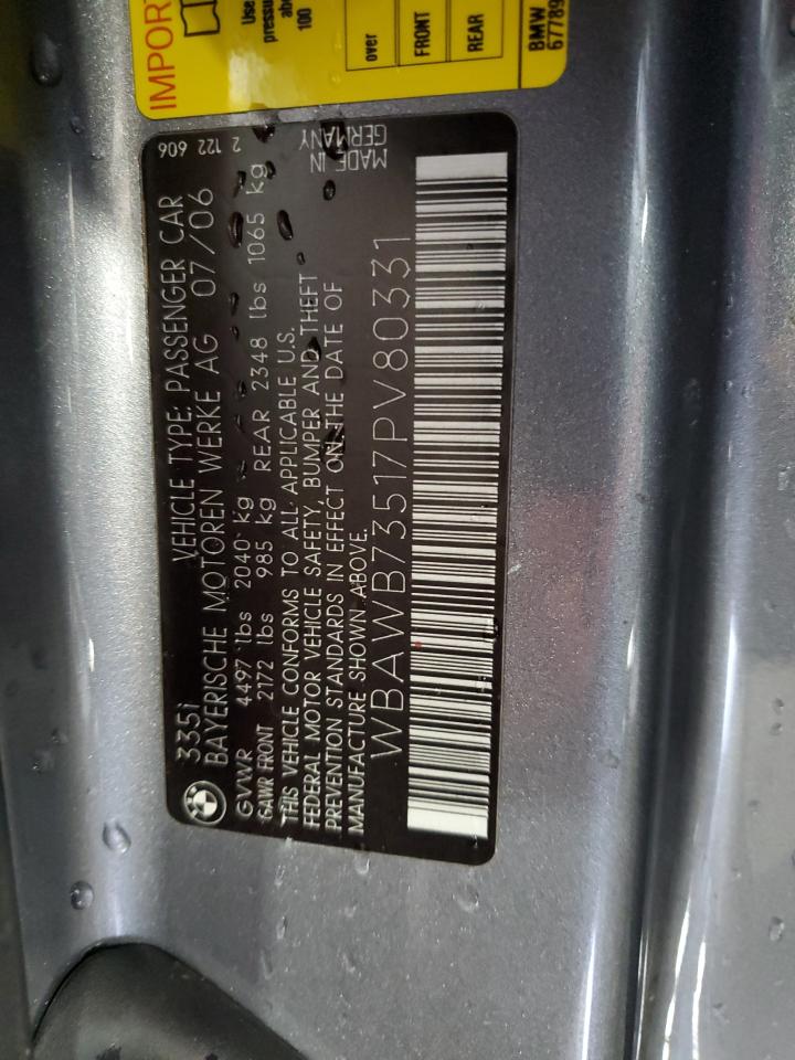 2007 BMW 335 I VIN: WBAWB73517PV80331 Lot: 85138915