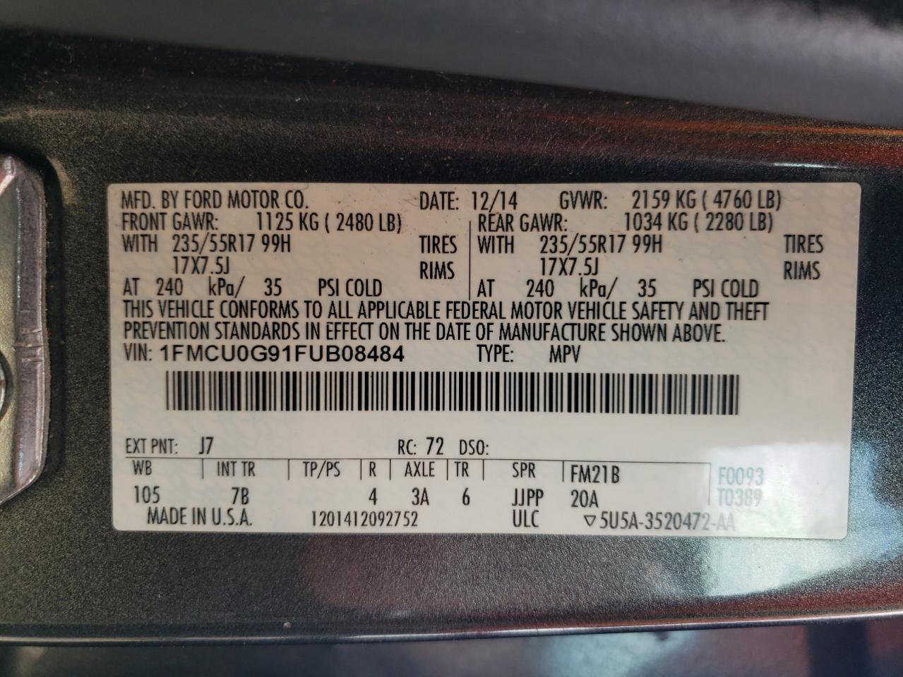 2015 Ford Escape Se VIN: 1FMCU0G91FUB08484 Lot: 82265405