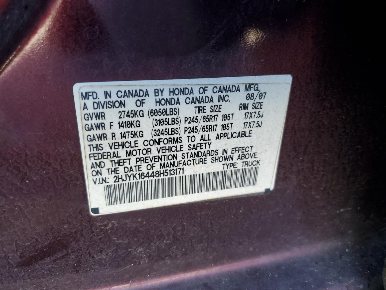 2008 Honda Ridgeline Rts VIN: 2HJYK16448H513171 Lot: 86222565