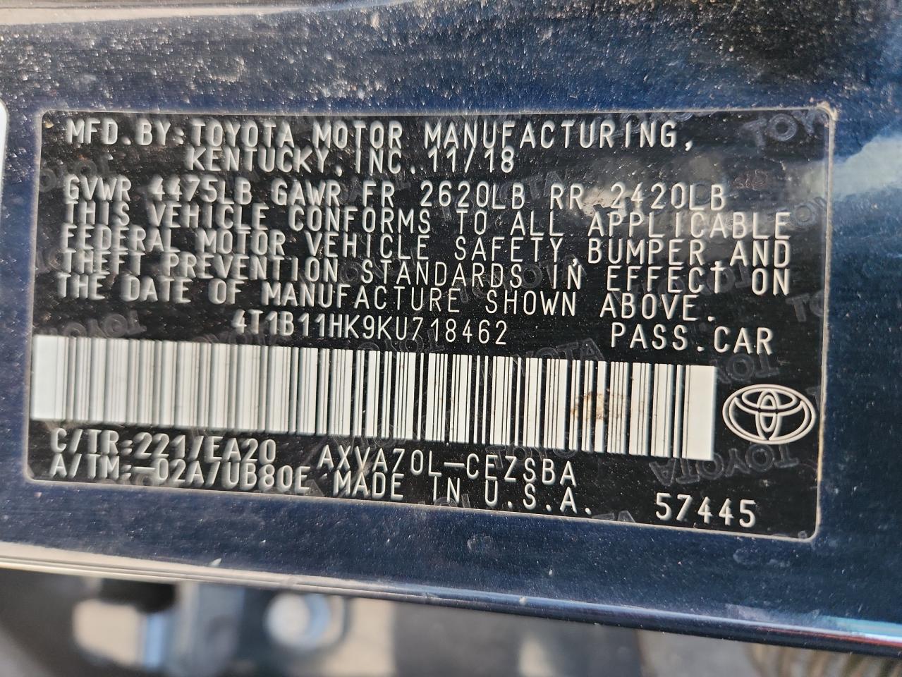 2019 Toyota Camry L VIN: 4T1B11HK9KU718462 Lot: 86286575