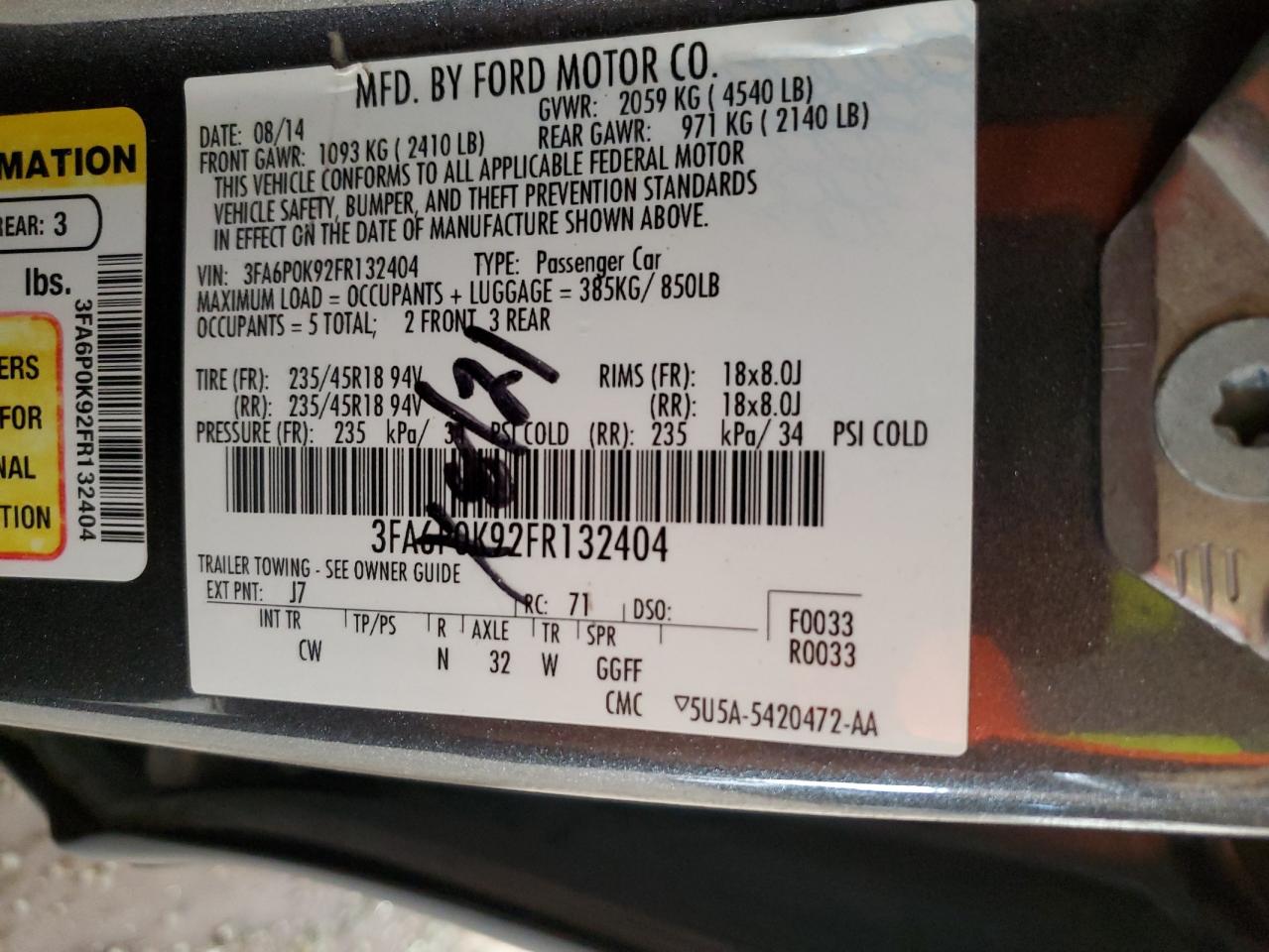 2015 Ford Fusion Titanium VIN: 3FA6P0K92FR132404 Lot: 84470105