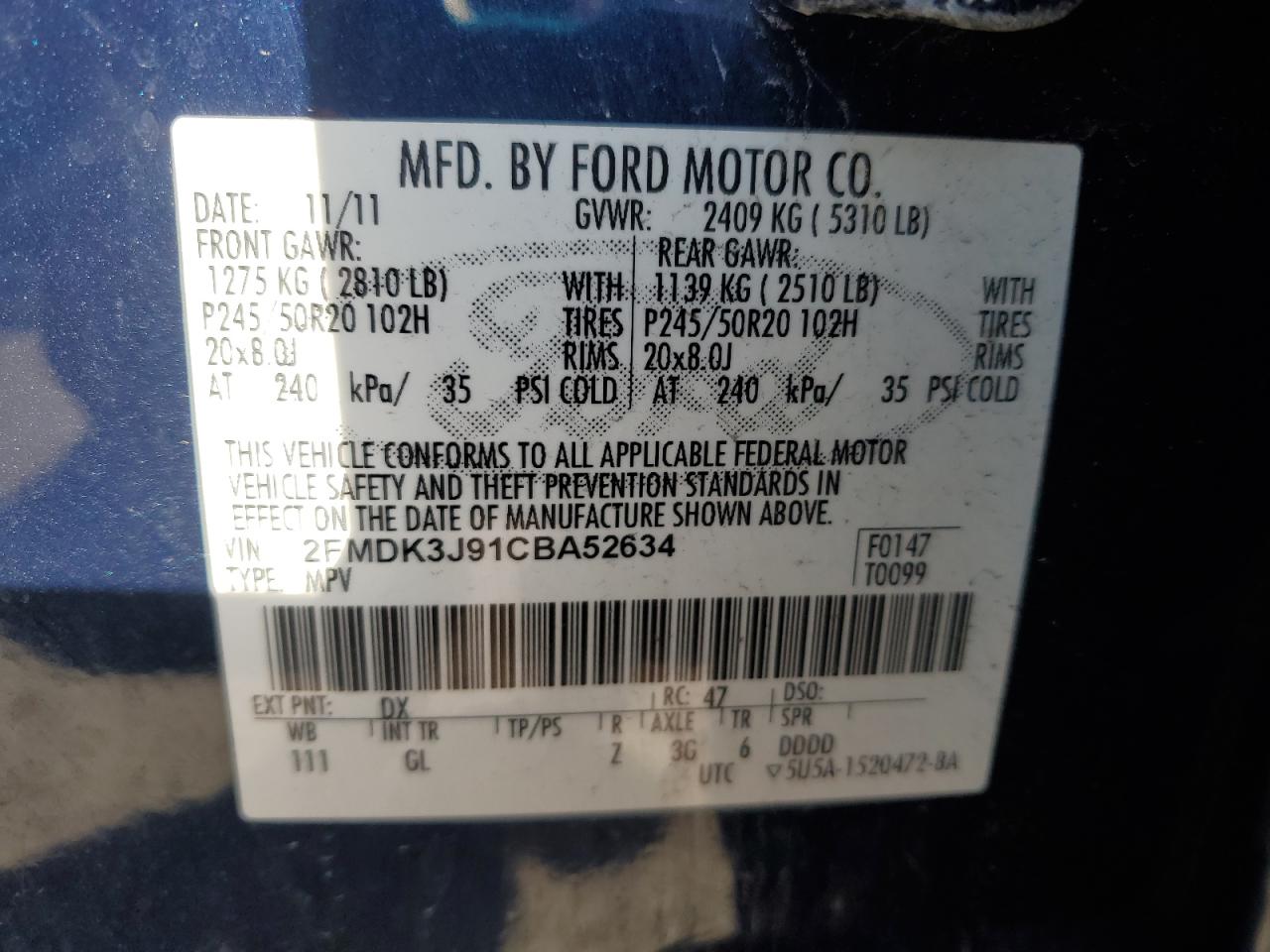 2012 Ford Edge Sel VIN: 2FMDK3J91CBA52634 Lot: 81887245