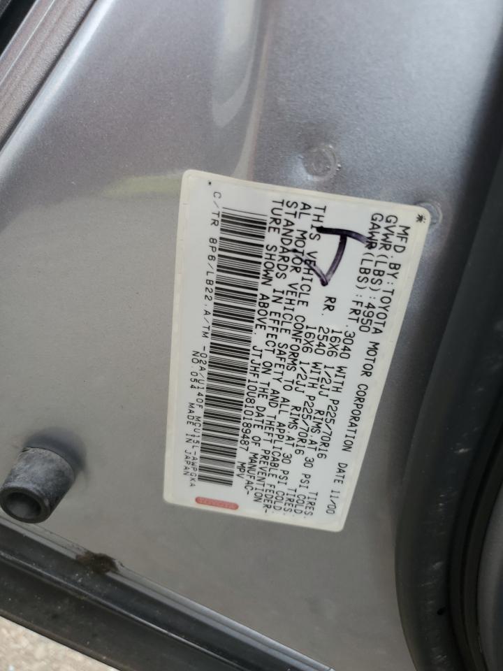 2001 Lexus Rx 300 VIN: JTJHF10U810189487 Lot: 82300065