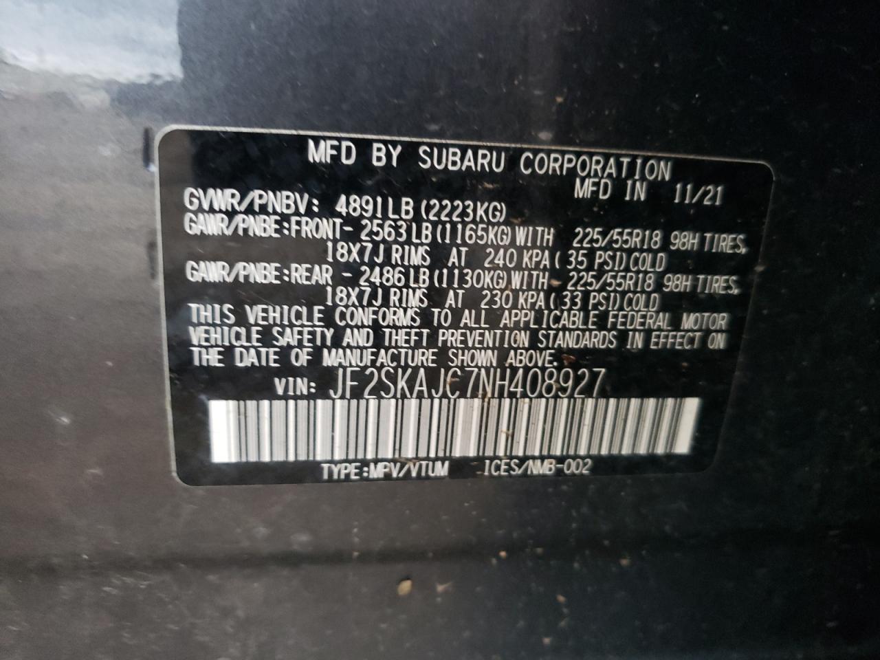 2022 Subaru Forester Sport VIN: JF2SKAJC7NH408927 Lot: 85155925