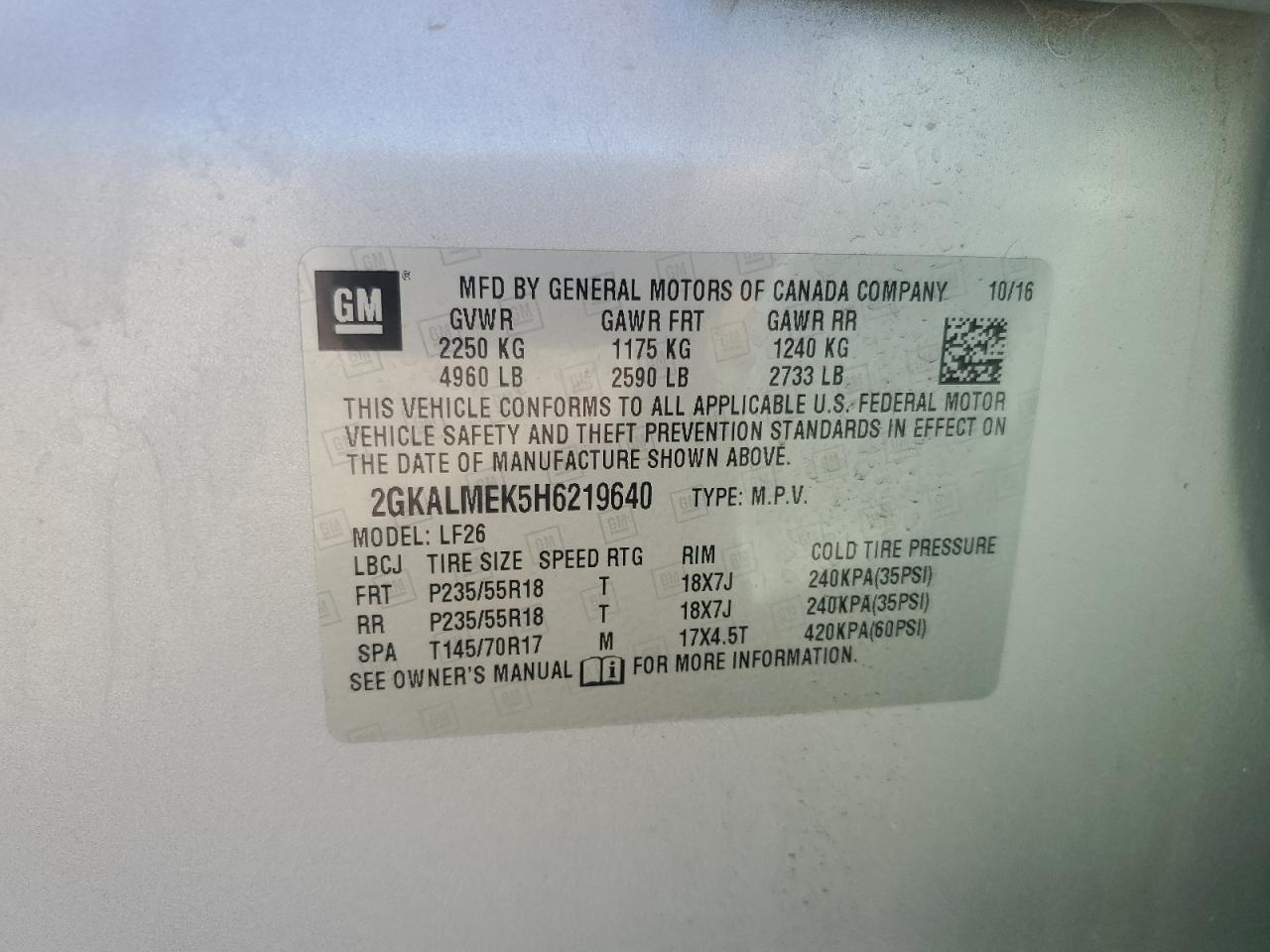 2017 GMC Terrain Sle VIN: 2GKALMEK5H6219640 Lot: 82641795