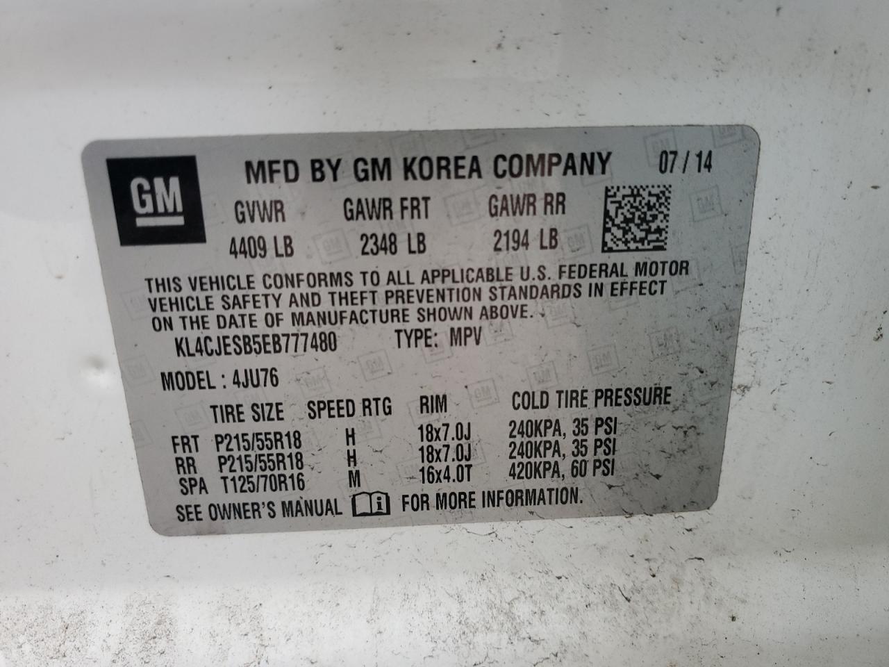 2014 Buick Encore VIN: KL4CJESB5EB777480 Lot: 90240255