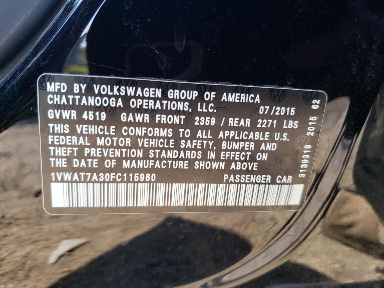 2015 Volkswagen Passat S VIN: 1VWAT7A30FC115960 Lot: 82183465