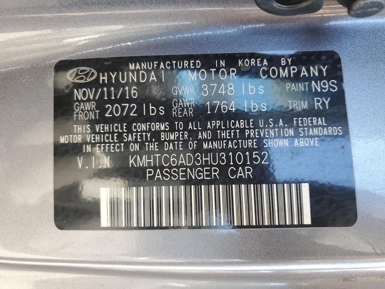 2017 Hyundai Veloster VIN: KMHTC6AD3HU310152 Lot: 71625935