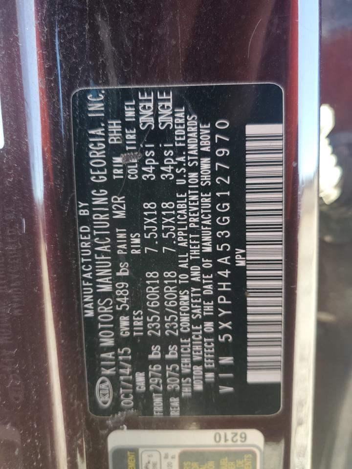 2016 Kia Sorento Ex VIN: 5XYPH4A53GG127970 Lot: 82306035