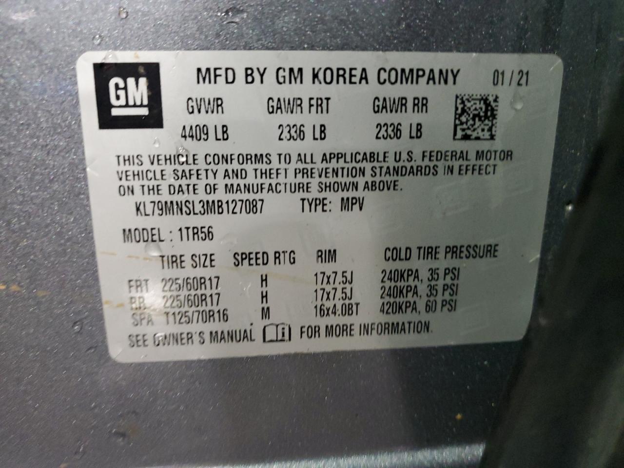 KL79MNSL3MB127087 2021 Chevrolet Trailblazer Ls