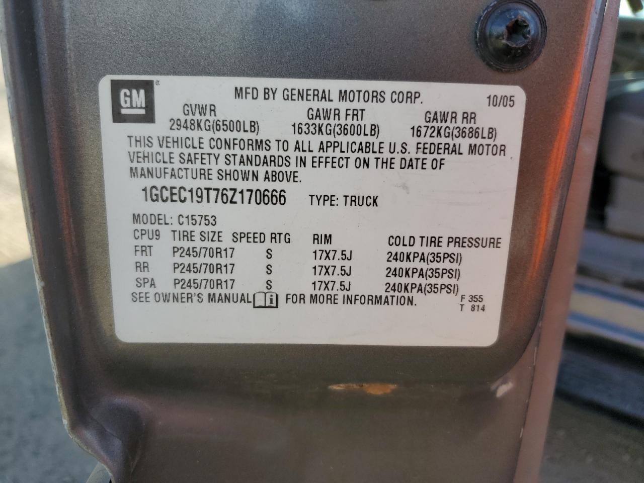 2006 Chevrolet Silverado C1500 VIN: 1GCEC19T76Z170666 Lot: 84909045