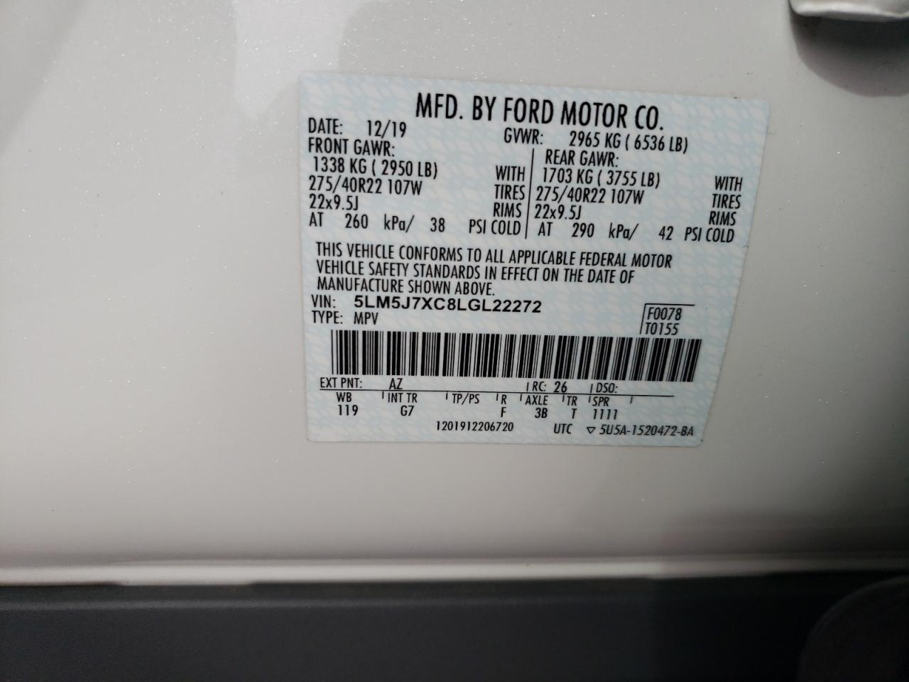 2020 Lincoln Aviator Reserve VIN: 5LM5J7XC8LGL22272 Lot: 86126845