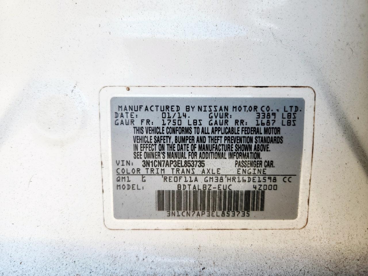 2014 Nissan Versa S VIN: 3N1CN7AP3EL853735 Lot: 85191075