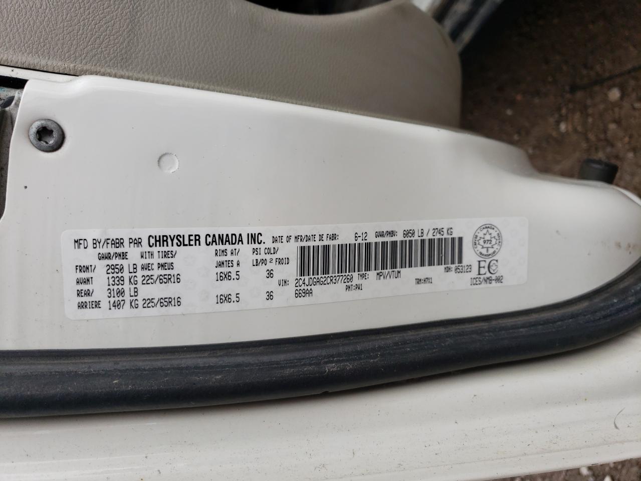 2012 Dodge Ram Van VIN: 2C4JDGAG2CR377260 Lot: 82743455