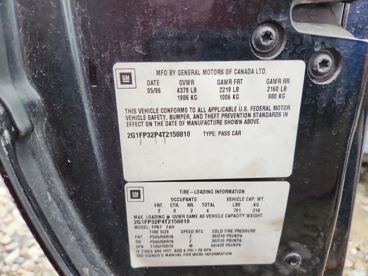 1996 Chevrolet Camaro Z28 VIN: 2G1FP32P4T2158810 Lot: 85860605