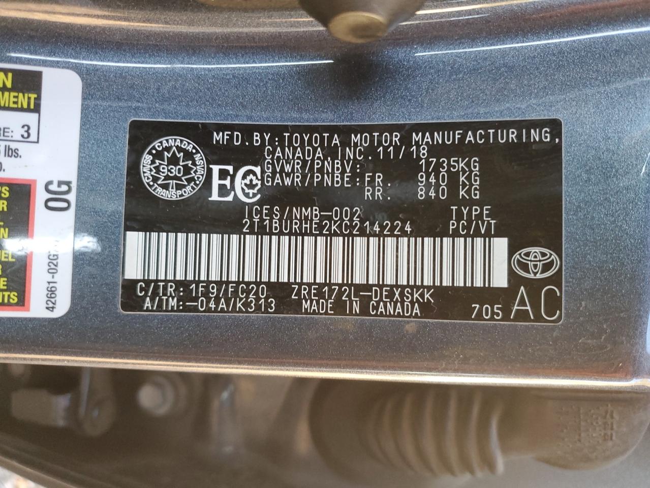 2019 Toyota Corolla L VIN: 2T1BURHE2KC214224 Lot: 85822775