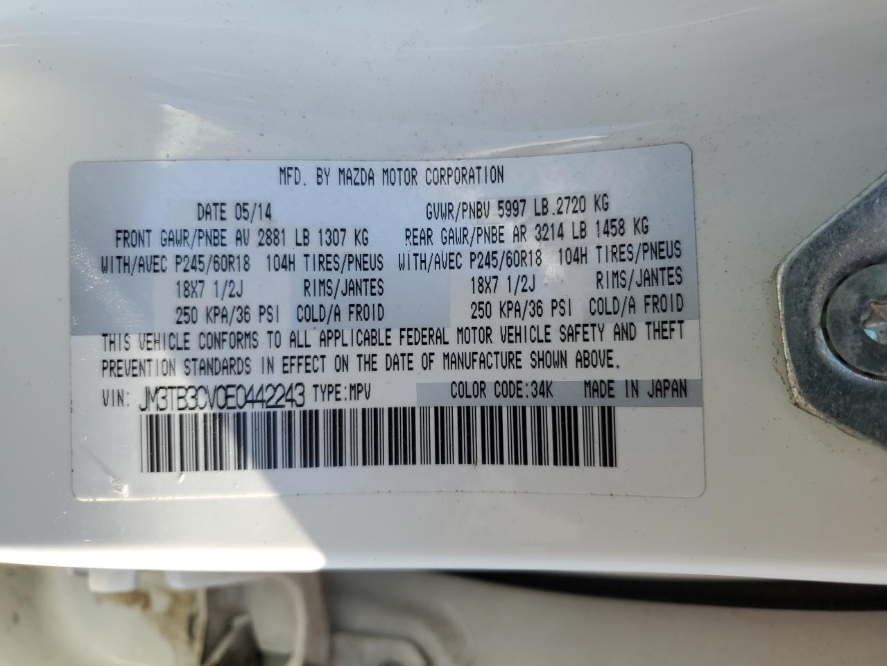 2014 Mazda Cx-9 Touring VIN: JM3TB3CV0E0442243 Lot: 82237435