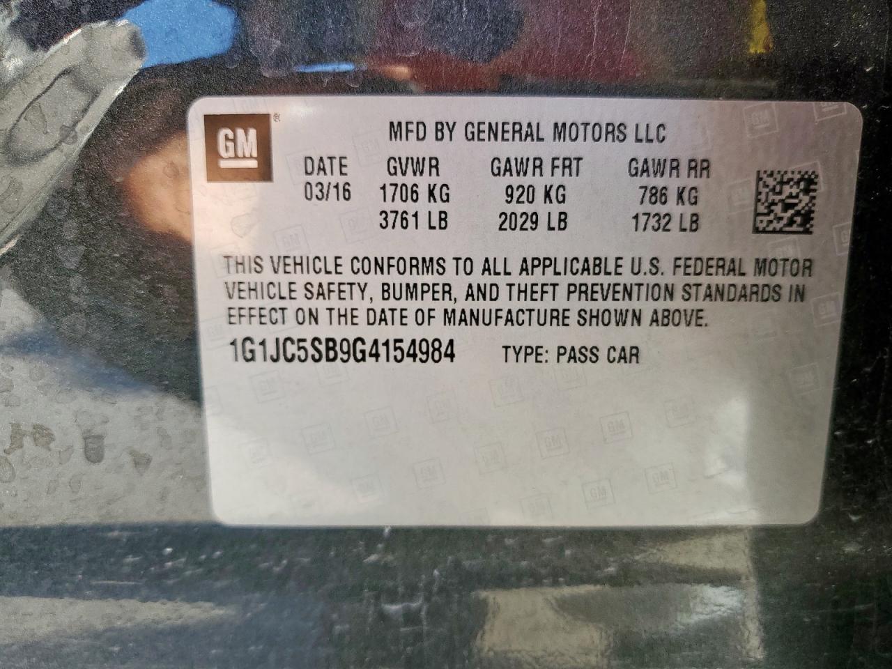2016 Chevrolet Sonic Lt VIN: 1G1JC5SB9G4154984 Lot: 85472675