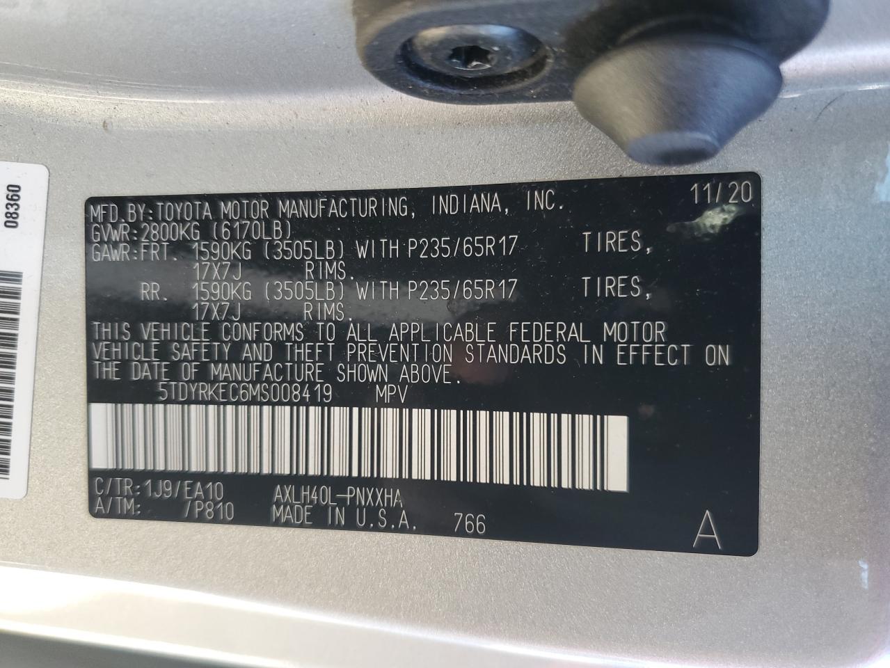 2021 Toyota Sienna Xle VIN: 5TDYRKEC6MS008419 Lot: 82236345